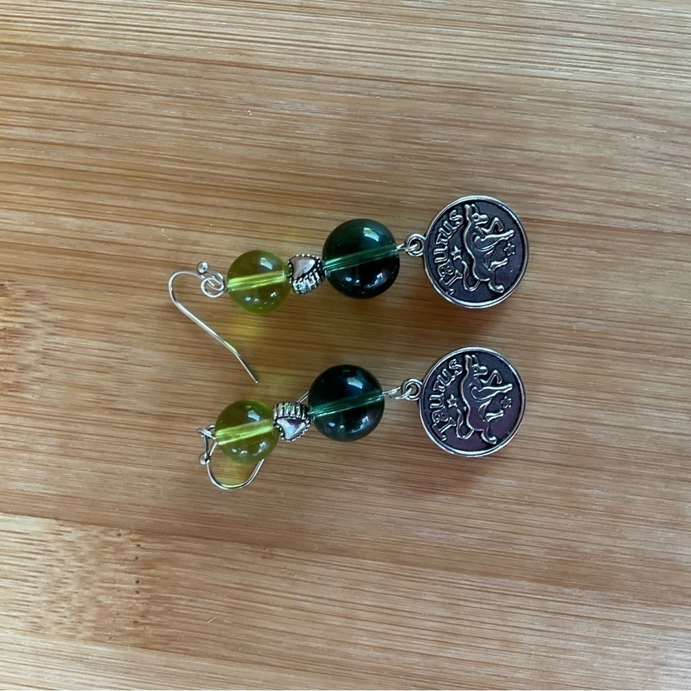 Hand Crafted Zodiac Earrings Taurus Charm Green Lime Beads Silver Heart Pierced - Picture 2 of 9